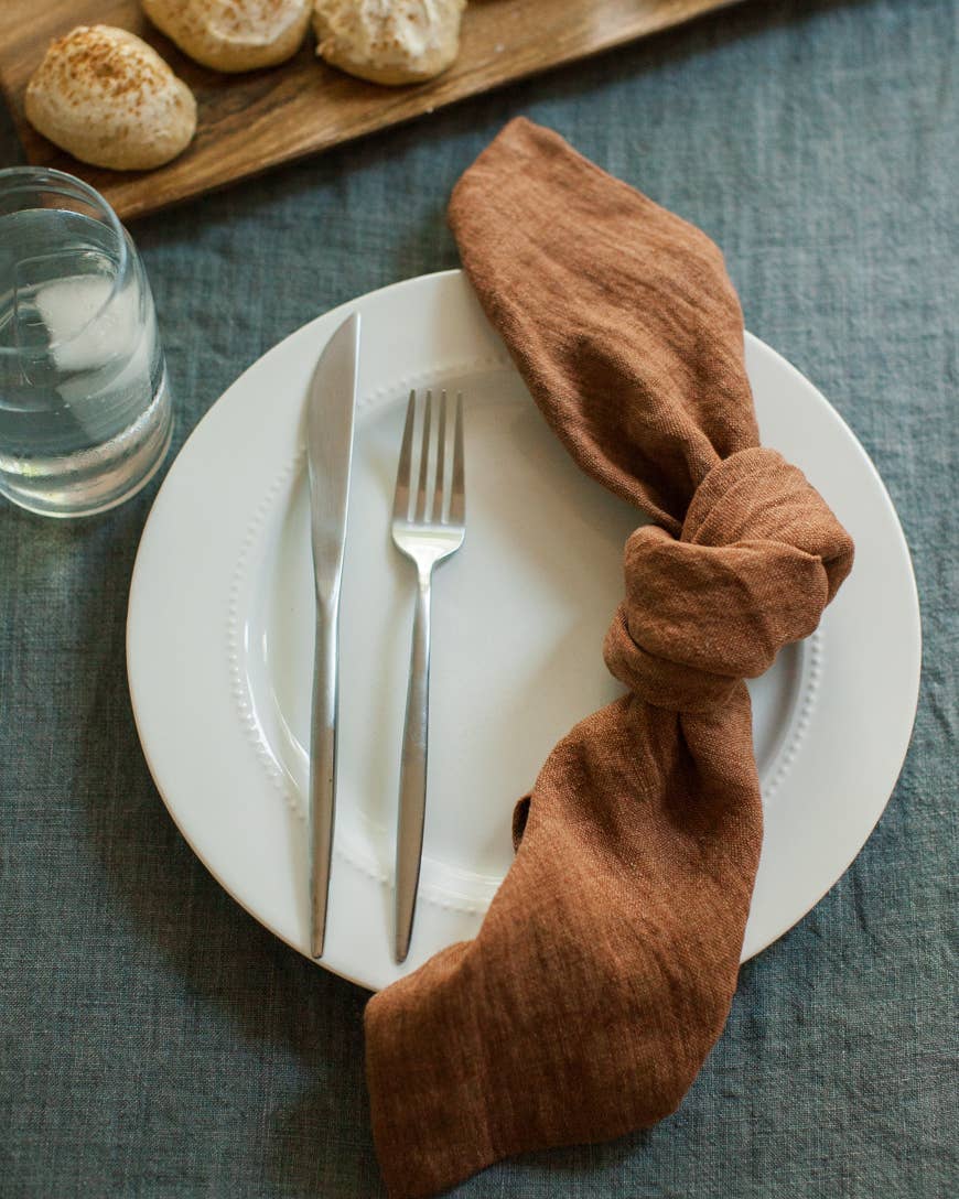 Stone Washed Linen Hemmed Dinner Napkin: Terra Cotta