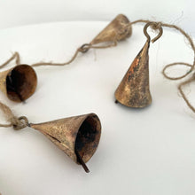 Load image into Gallery viewer, Rustic tin cone shaped brass bell jute holiday garland
